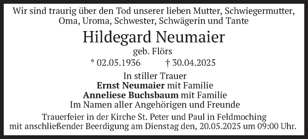  Traueranzeige für Hildegard Neumaier vom 10.05.2025 aus merkurtz