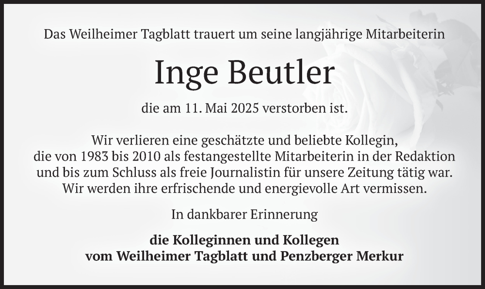  Traueranzeige für Inge Beutler vom 17.05.2025 aus merkurtz