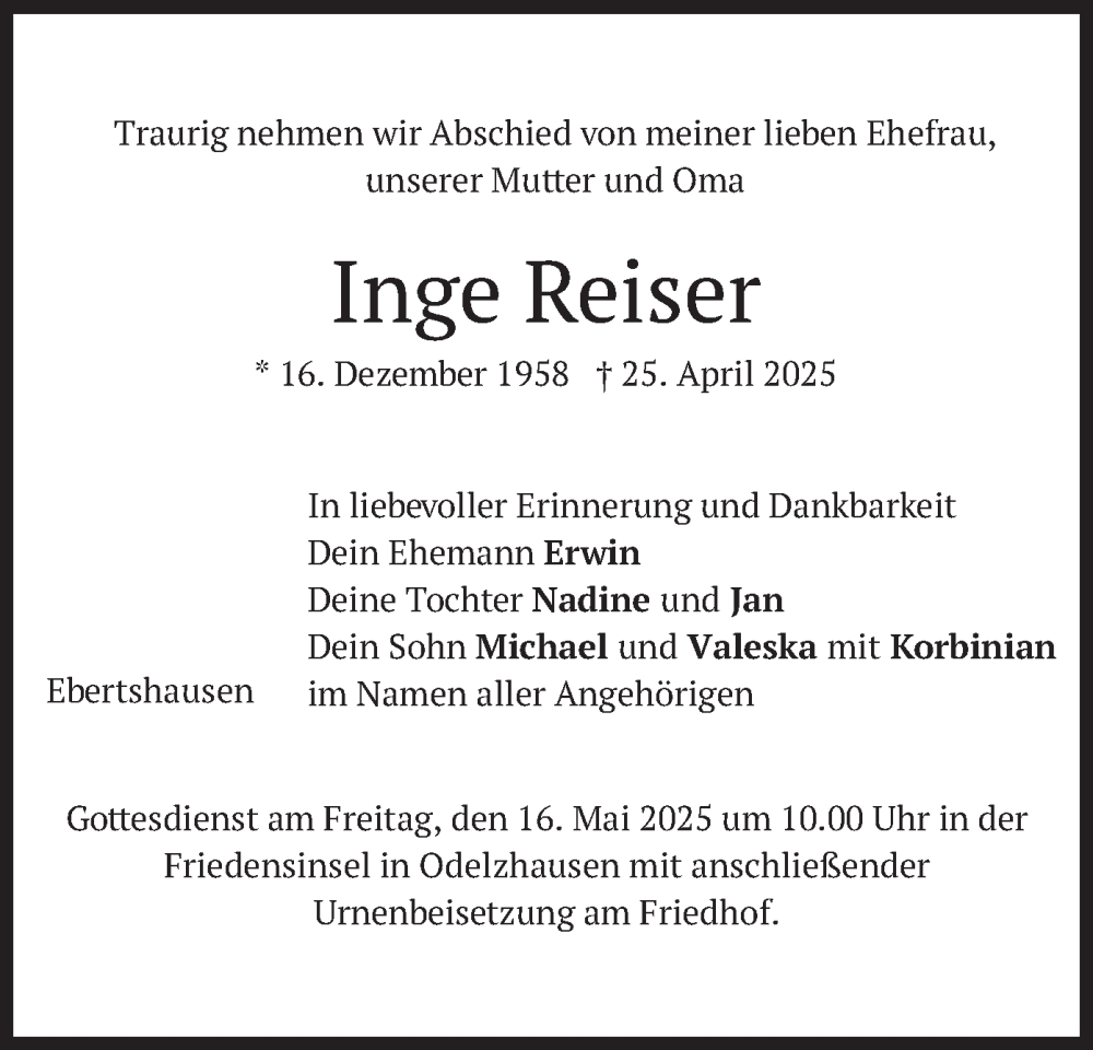  Traueranzeige für Inge Reiser vom 10.05.2025 aus merkurtz