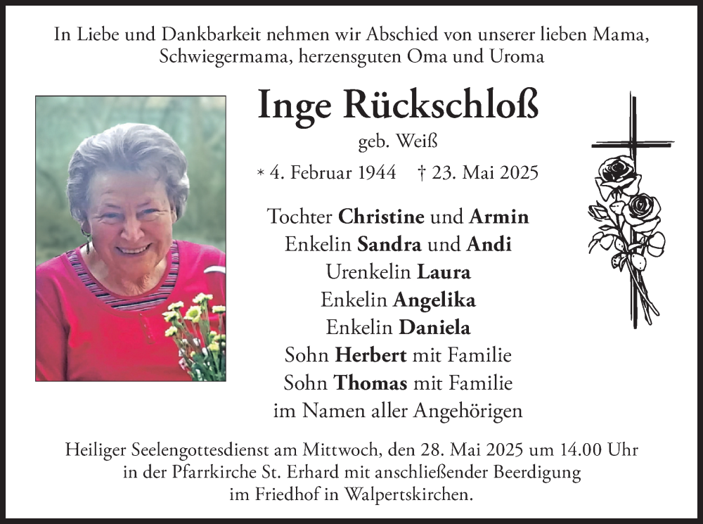  Traueranzeige für Inge Rückschloß vom 27.05.2025 aus merkurtz
