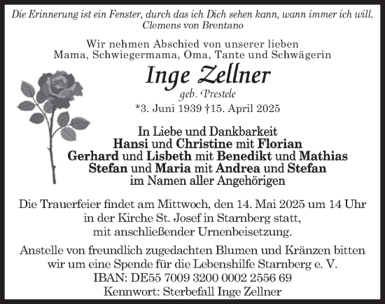 Traueranzeige von Inge Zellner von merkurtz