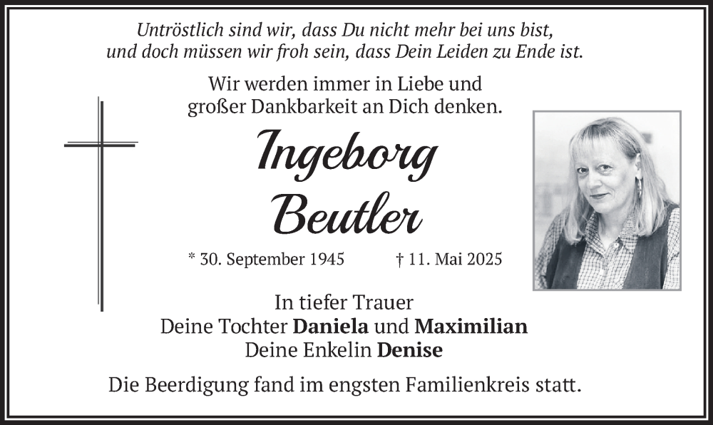  Traueranzeige für Ingeborg Beutler vom 17.05.2025 aus merkurtz