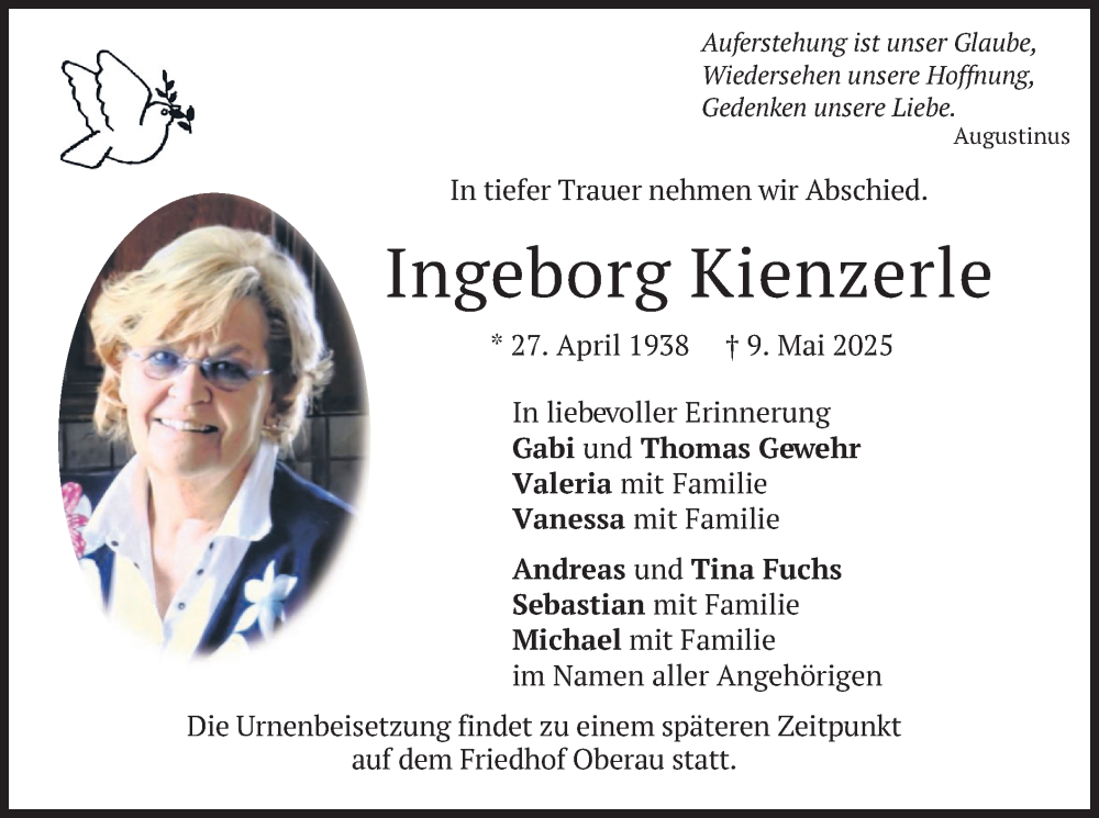  Traueranzeige für Ingeborg Kienzerle vom 17.05.2025 aus merkurtz