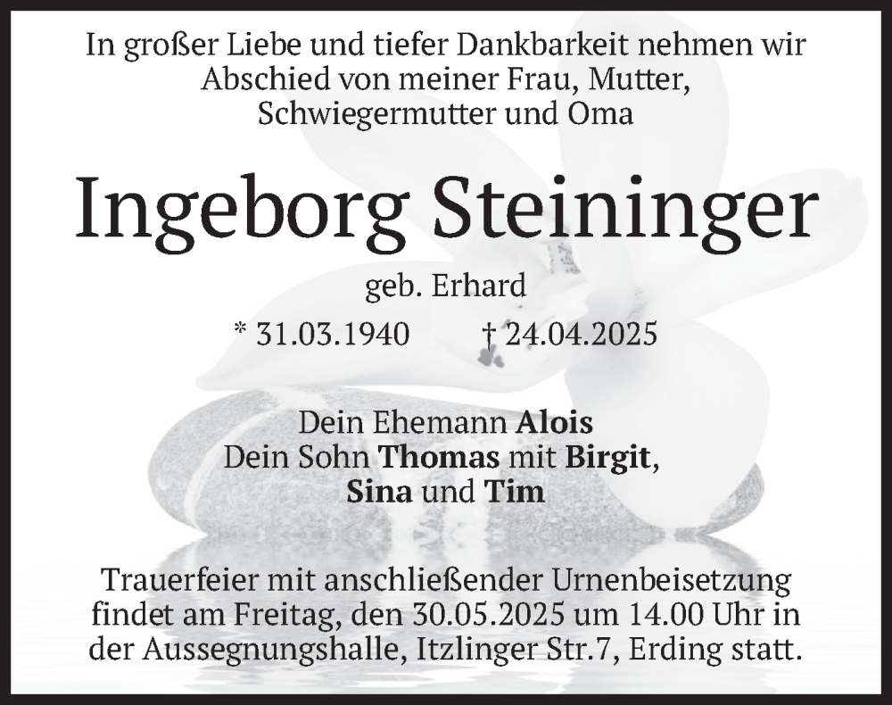  Traueranzeige für Ingeborg Steininger vom 24.05.2025 aus merkurtz