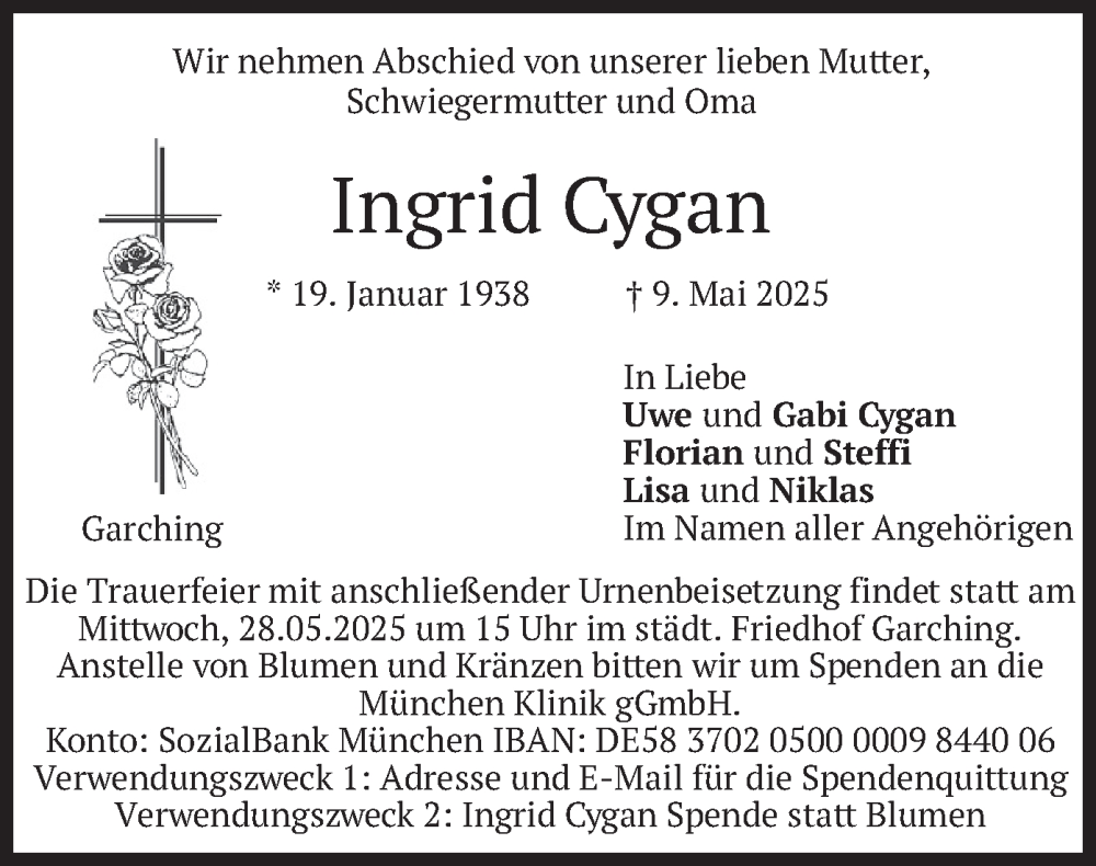  Traueranzeige für Ingrid Cygan vom 24.05.2025 aus merkurtz