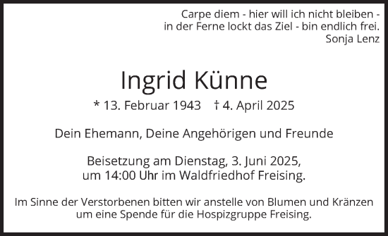 Traueranzeige von Ingrid Künne von merkurtz