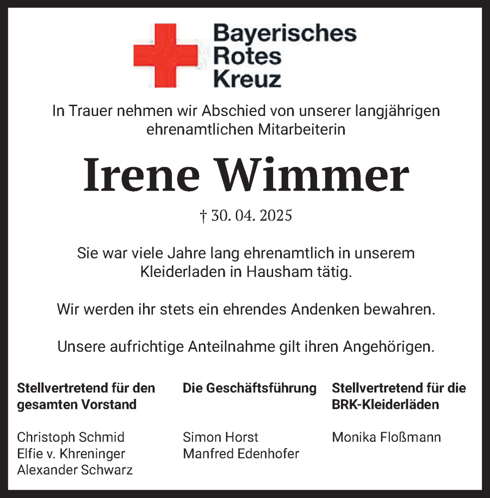  Traueranzeige für Irene Wimmer vom 10.05.2025 aus merkurtz