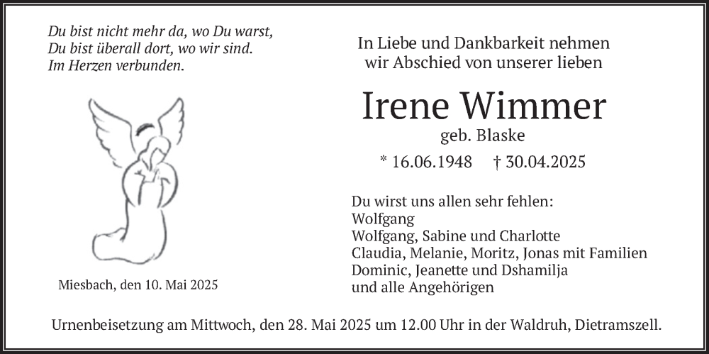  Traueranzeige für Irene Wimmer vom 10.05.2025 aus merkurtz