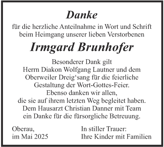 Traueranzeige von Irmgard Brunhofer von merkurtz