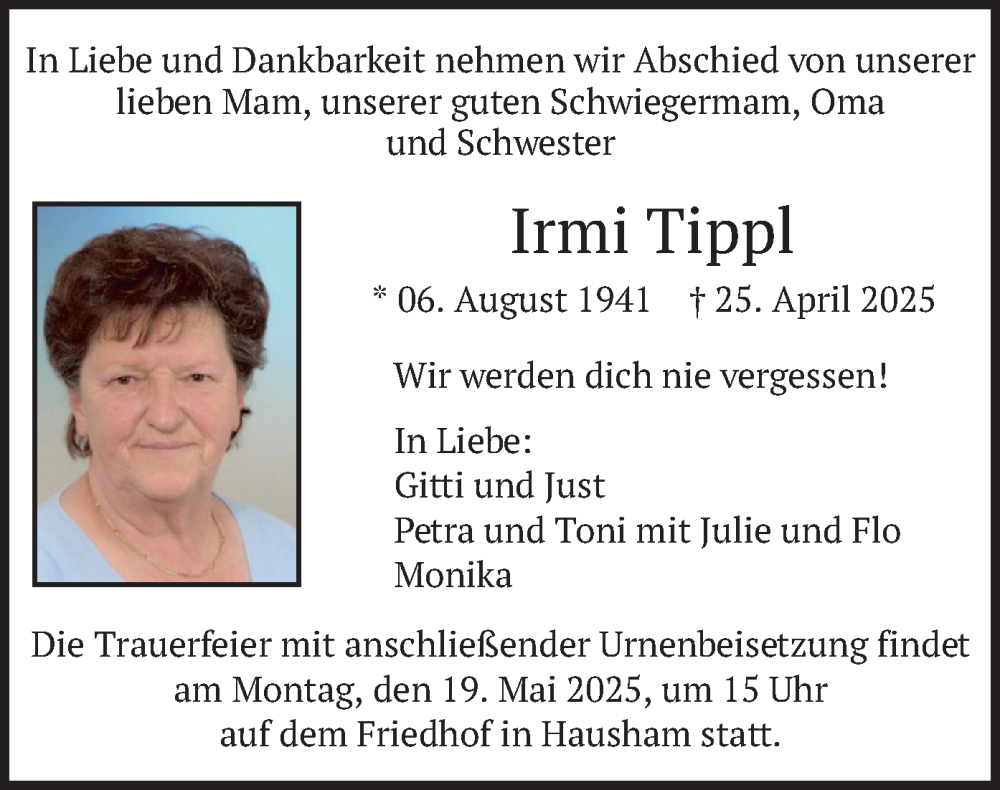  Traueranzeige für Irmi Tippl vom 10.05.2025 aus merkurtz