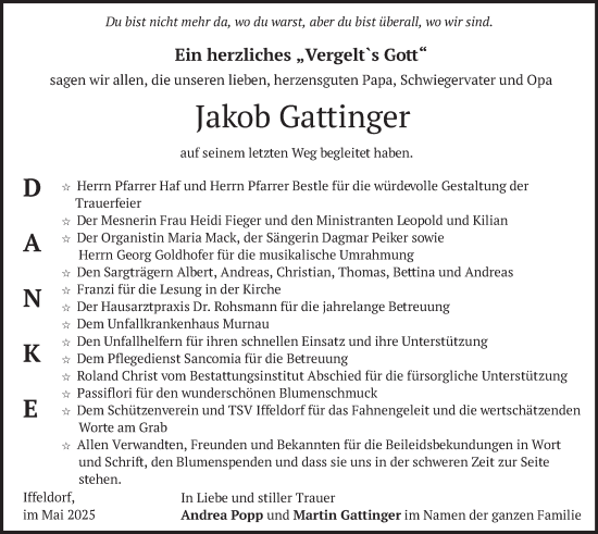 Traueranzeige von Jakob Gattinger von merkurtz