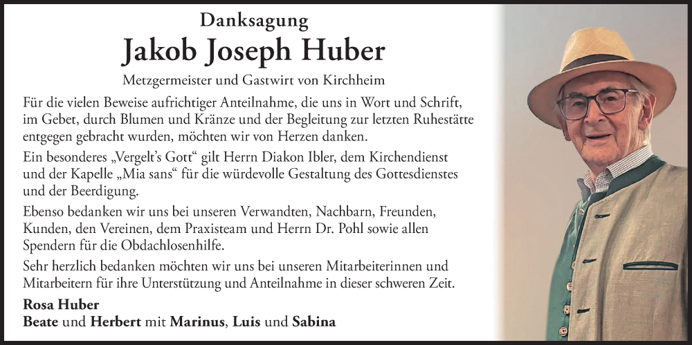  Traueranzeige für Jakob Joseph Huber vom 10.05.2025 aus merkurtz