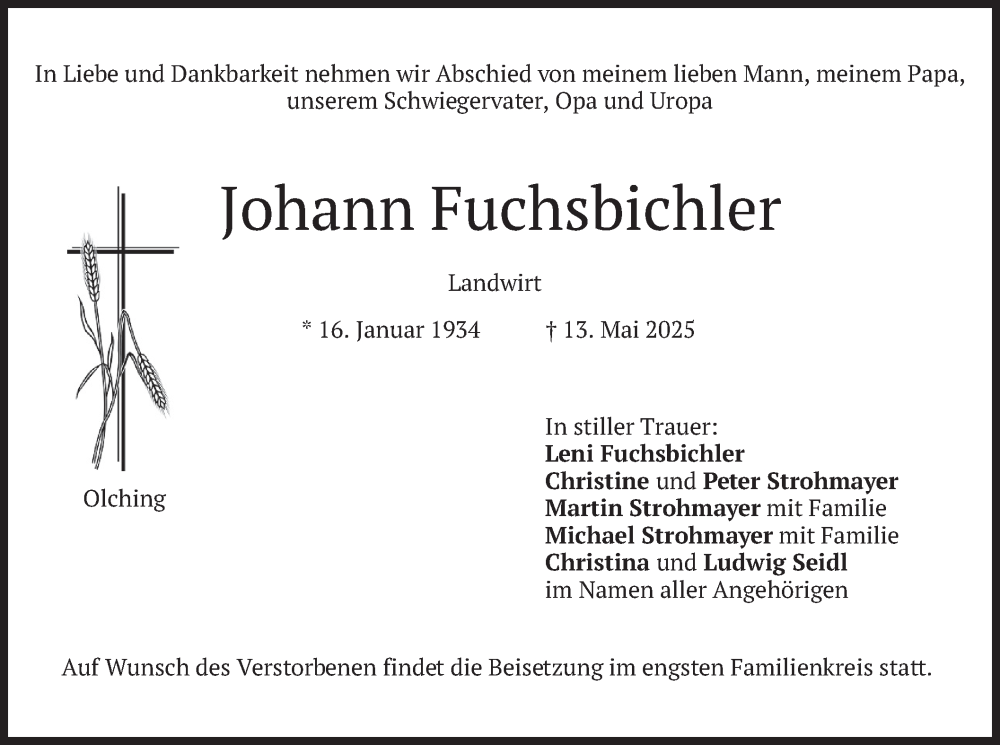  Traueranzeige für Johann Fuchsbichler vom 24.05.2025 aus merkurtz