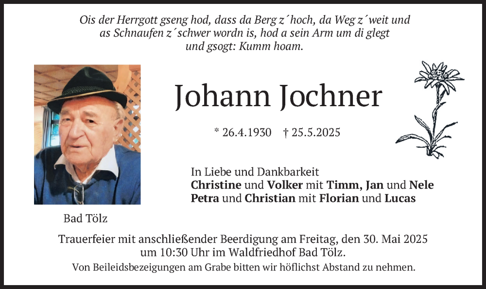  Traueranzeige für Johann Jochner vom 27.05.2025 aus merkurtz
