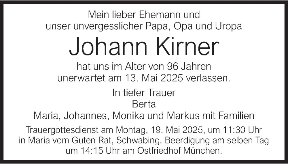  Traueranzeige für Johann Kirner vom 17.05.2025 aus merkurtz
