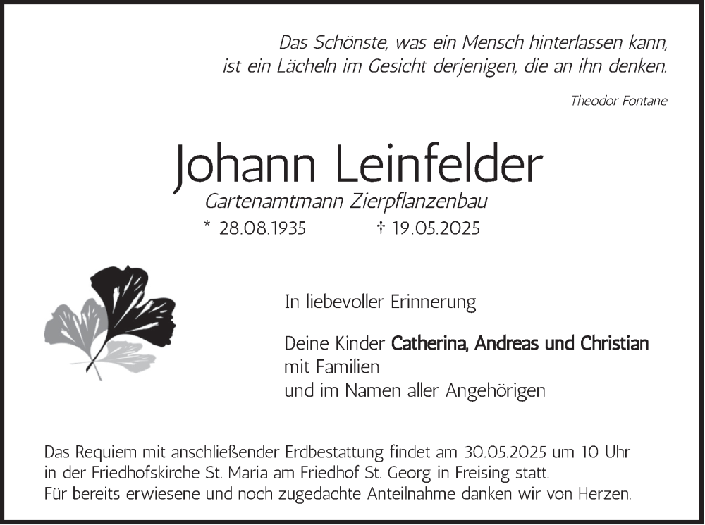  Traueranzeige für Johann Leinfelder vom 24.05.2025 aus merkurtz