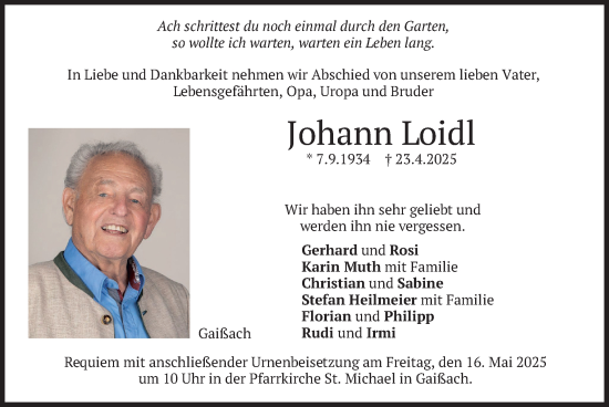 Traueranzeige von Johann Loidl von merkurtz