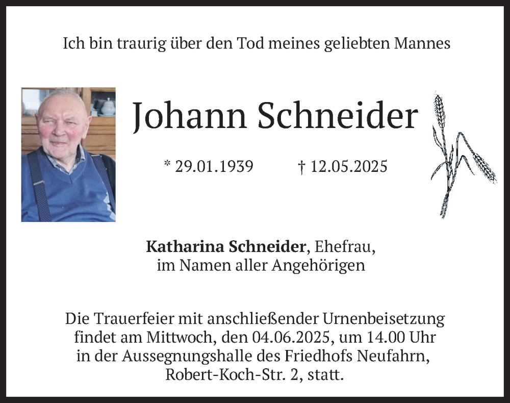  Traueranzeige für Johann Schneider vom 31.05.2025 aus merkurtz