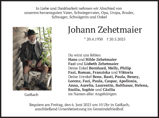 Traueranzeige von Johann Zehetmaier von merkurtz