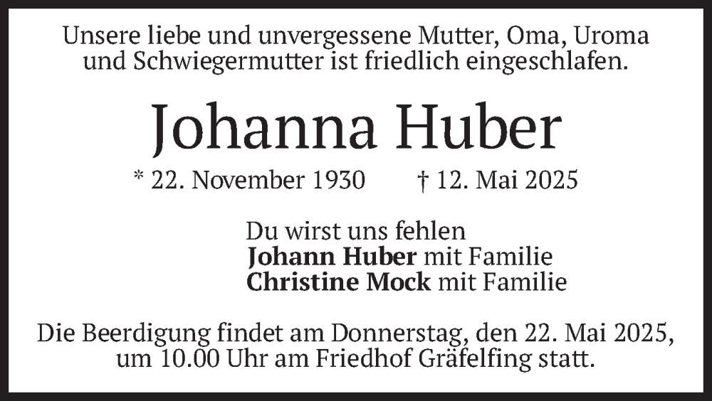  Traueranzeige für Johanna Huber vom 17.05.2025 aus merkurtz