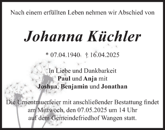 Traueranzeige von Johanna Küchler von merkurtz