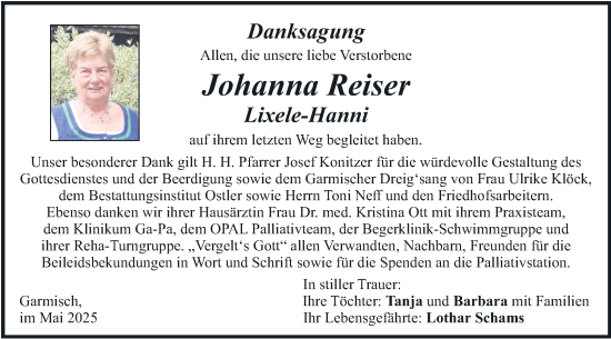 Traueranzeige von Johanna Reiser von merkurtz