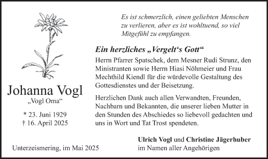 Traueranzeige von Johanna Vogl von merkurtz