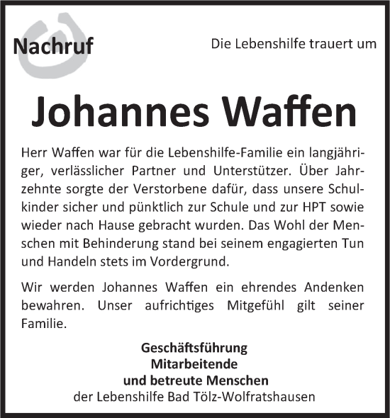 Traueranzeige von Johannes Waffen von merkurtz