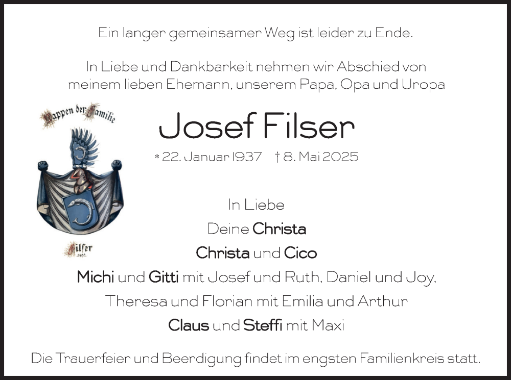  Traueranzeige für Josef Filser vom 17.05.2025 aus merkurtz