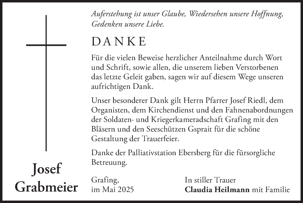  Traueranzeige für Josef Grabmeier vom 17.05.2025 aus merkurtz