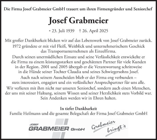 Traueranzeige von Josef Grabmeier von merkurtz