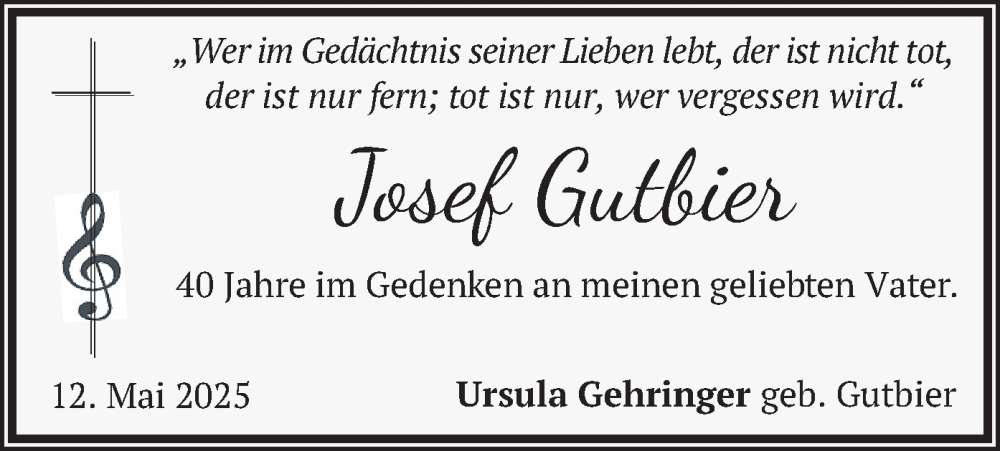 Traueranzeige für Josef Gutbier vom 12.05.2025 aus merkurtz