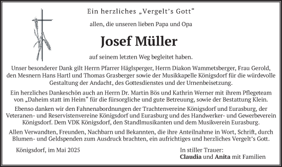 Traueranzeige von Josef Müller von merkurtz