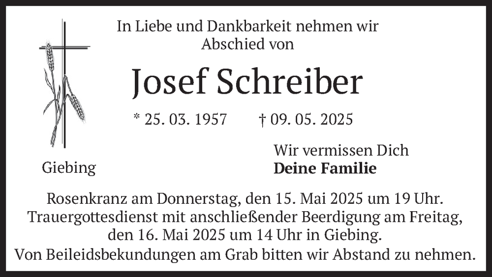  Traueranzeige für Josef Schreiber vom 13.05.2025 aus merkurtz