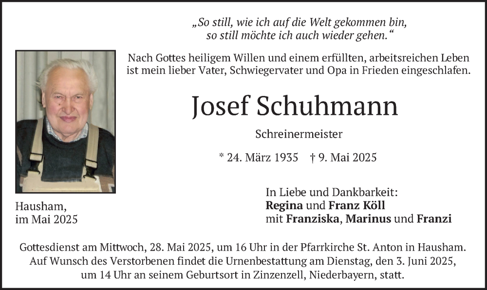  Traueranzeige für Josef Schuhmann vom 24.05.2025 aus merkurtz