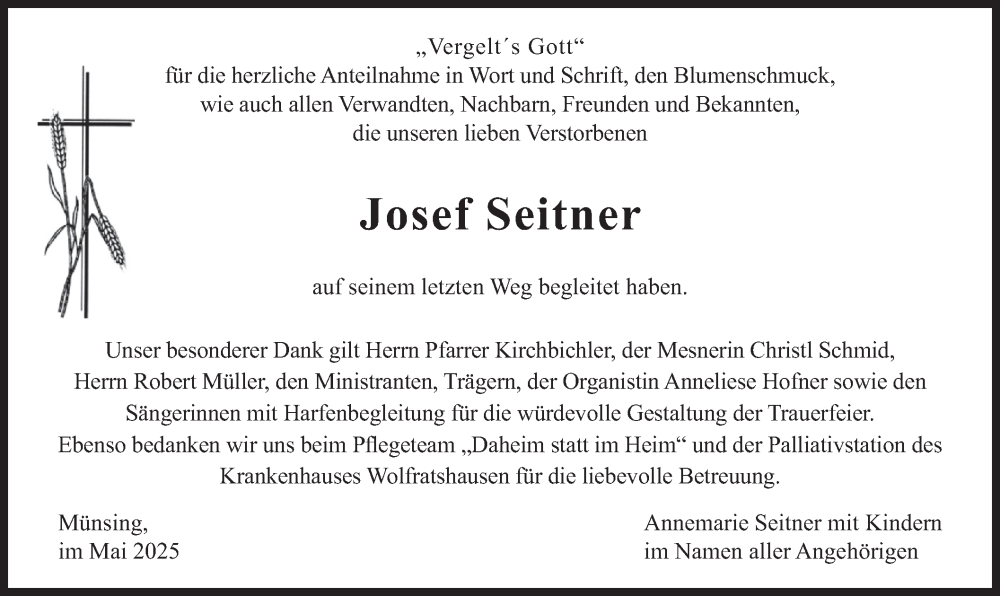  Traueranzeige für Josef Seitner vom 03.05.2025 aus merkurtz