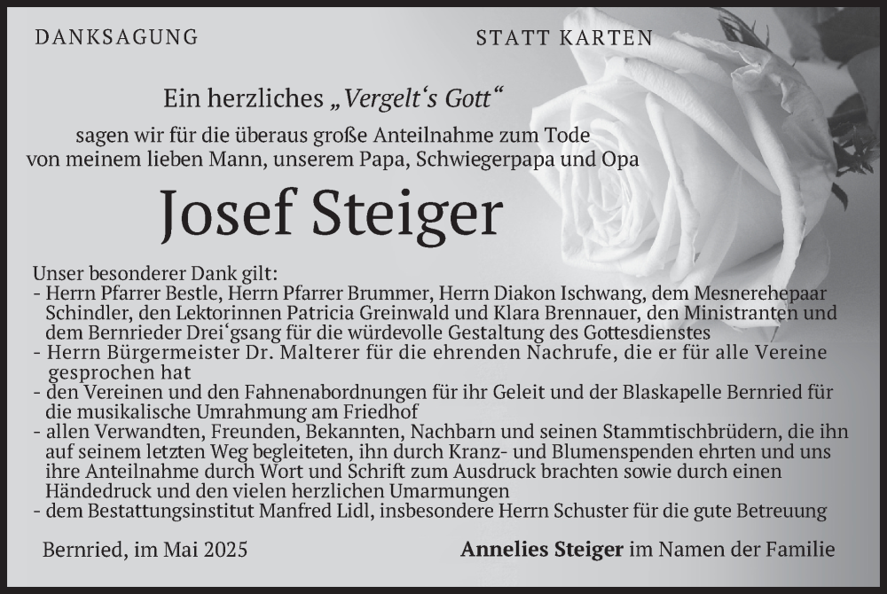  Traueranzeige für Josef Steiger vom 31.05.2025 aus merkurtz