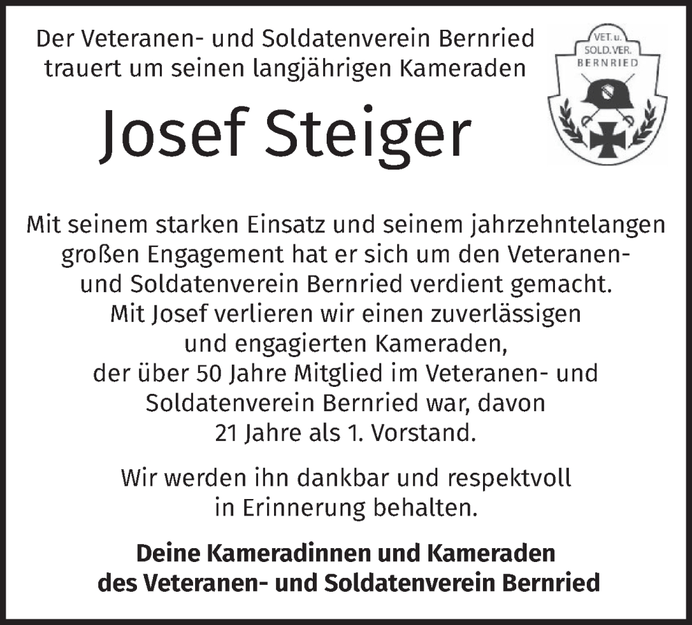  Traueranzeige für Josef Steiger vom 17.05.2025 aus merkurtz