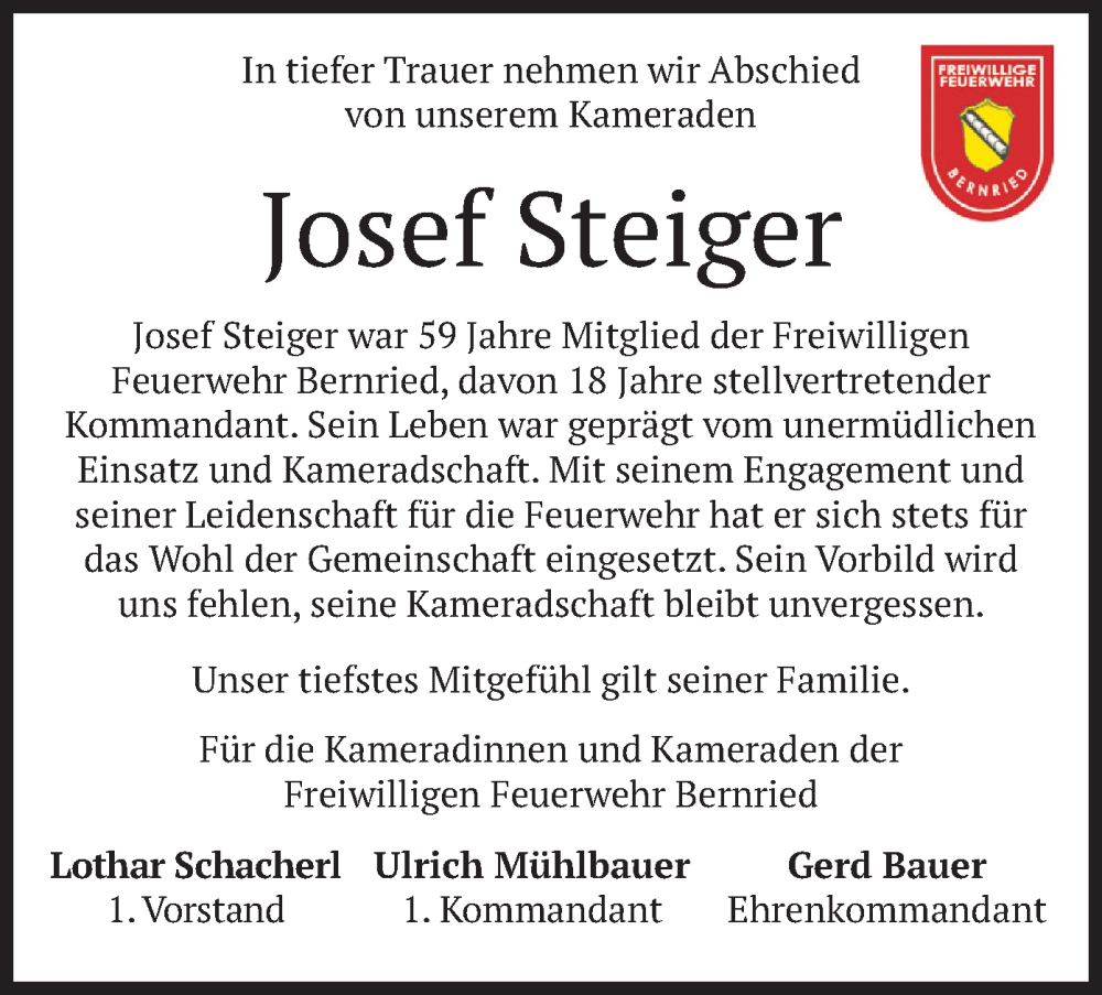  Traueranzeige für Josef Steiger vom 17.05.2025 aus merkurtz