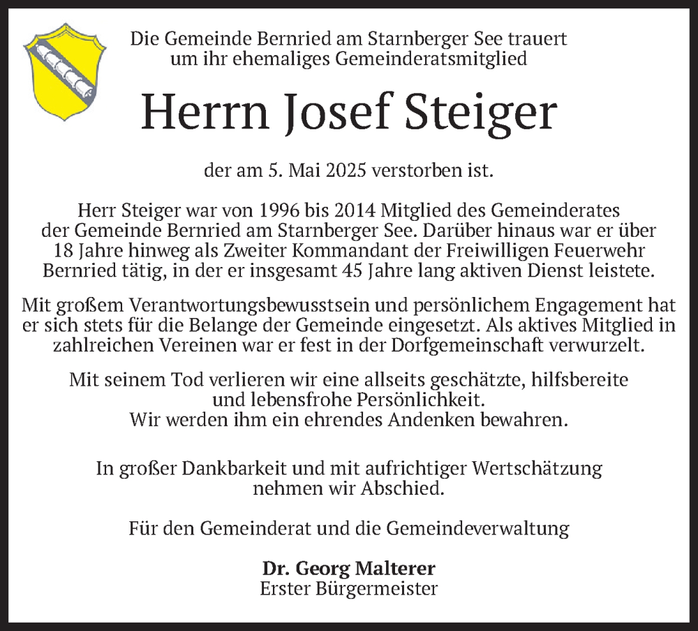  Traueranzeige für Josef Steiger vom 17.05.2025 aus merkurtz