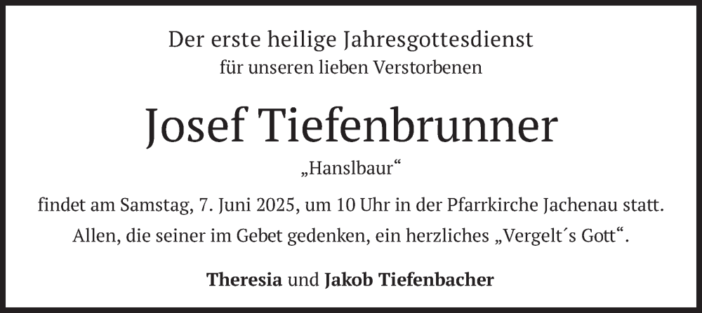  Traueranzeige für Josef Tiefenbrunner vom 31.05.2025 aus merkurtz