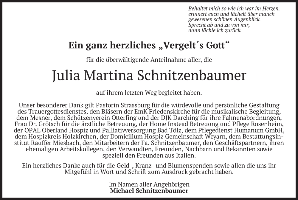  Traueranzeige für Julia Martina Schnitzenbaumer vom 31.05.2025 aus merkurtz