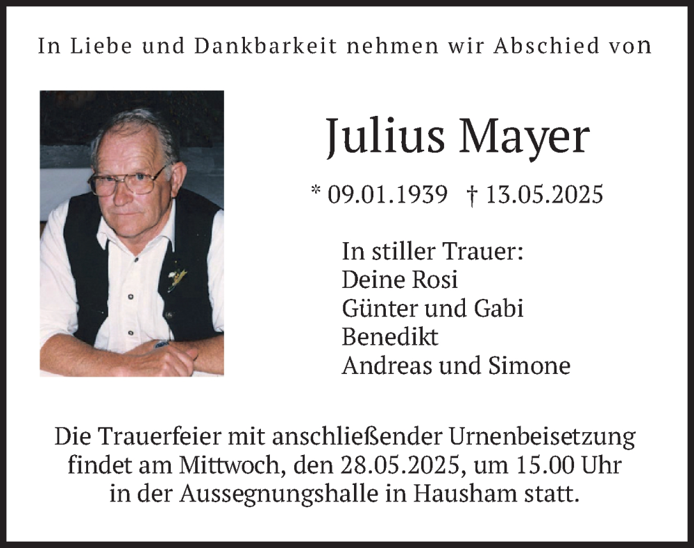 Traueranzeige für Julius Mayer vom 24.05.2025 aus merkurtz