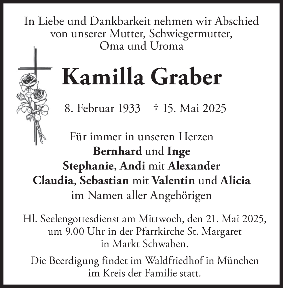  Traueranzeige für Kamilla Graber vom 17.05.2025 aus merkurtz