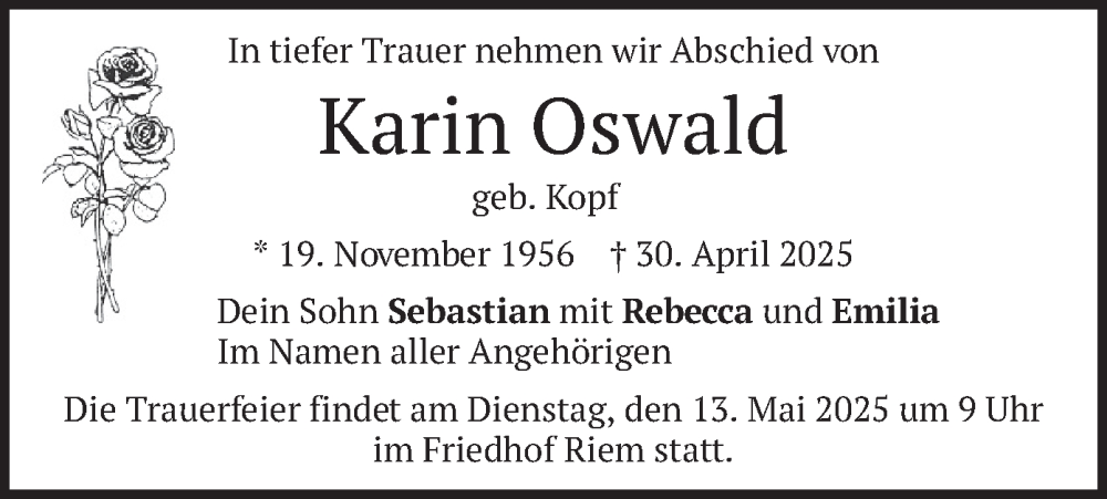  Traueranzeige für Karin Oswald vom 10.05.2025 aus merkurtz