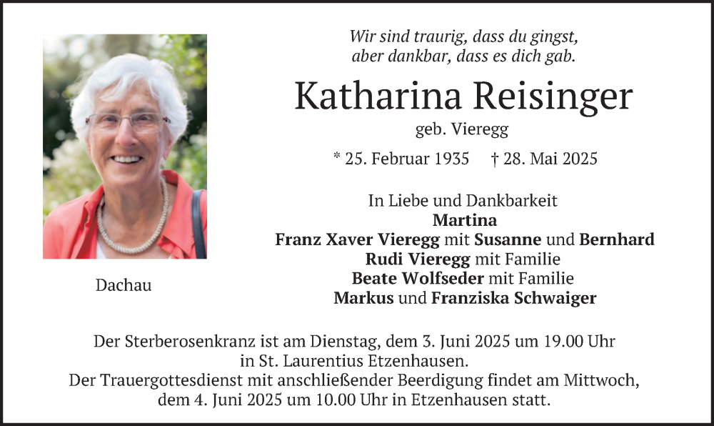  Traueranzeige für Katharina Reisinger vom 31.05.2025 aus merkurtz