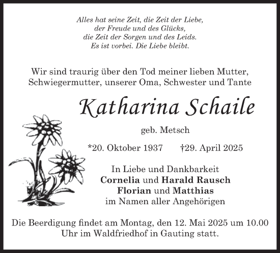 Traueranzeige von Katharina Schaile von merkurtz