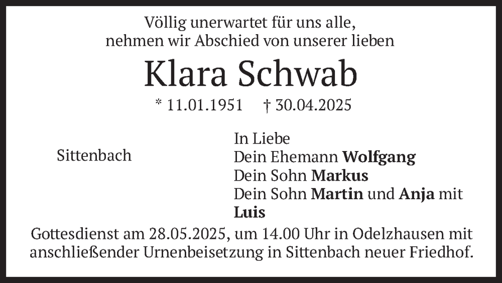  Traueranzeige für Klara Schwab vom 24.05.2025 aus merkurtz