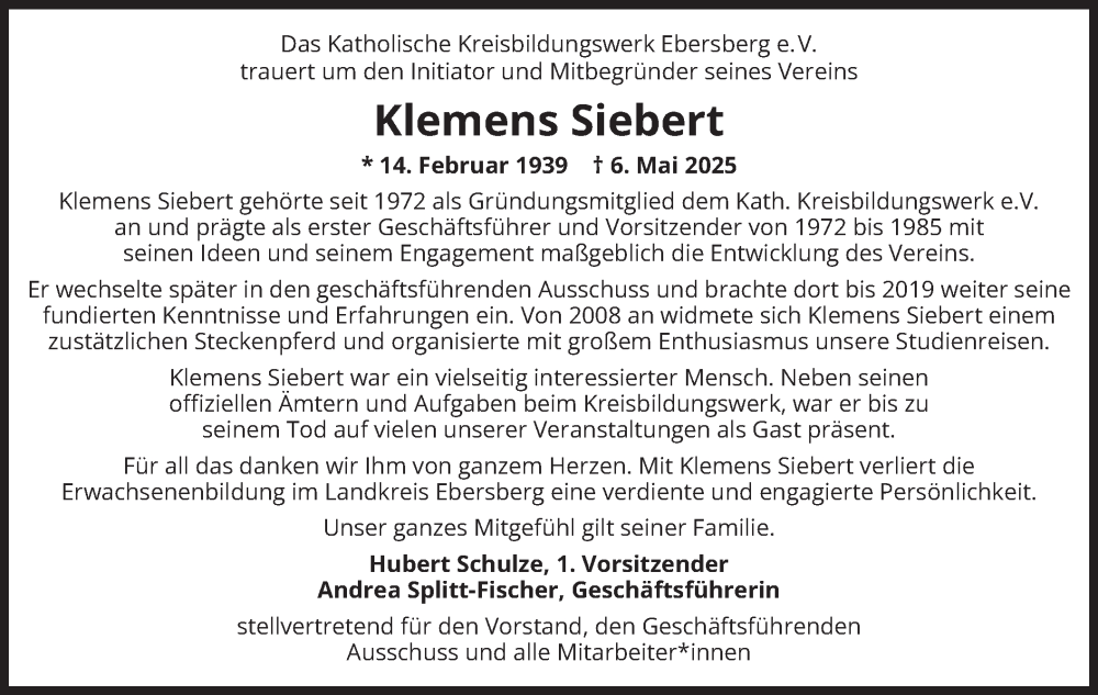  Traueranzeige für Klemens Siebert vom 17.05.2025 aus merkurtz