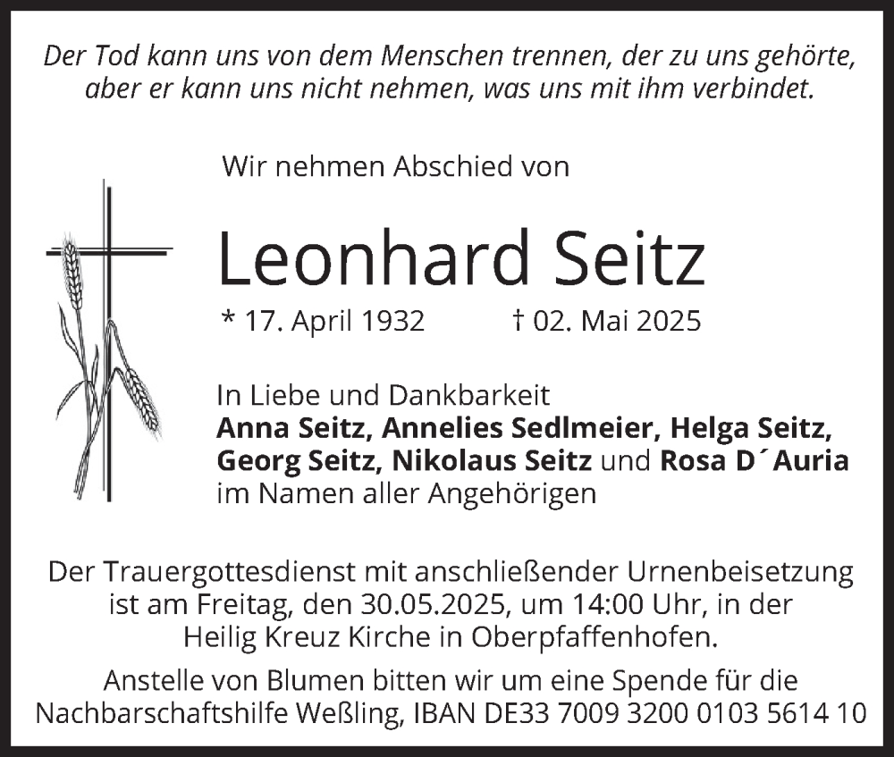  Traueranzeige für Leonhard Seitz vom 24.05.2025 aus merkurtz